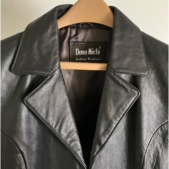 Dona Michi Leather Jacket Coat Women’s M Black Mid Length 3 Button with Pockets - Picture 2 of 8